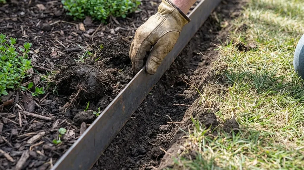 Installing thin steel lawn edging into a soil trench in a garden border
