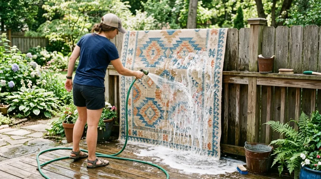 Person hosing down an outdoor patio rug propped against a fence to drain and air dry