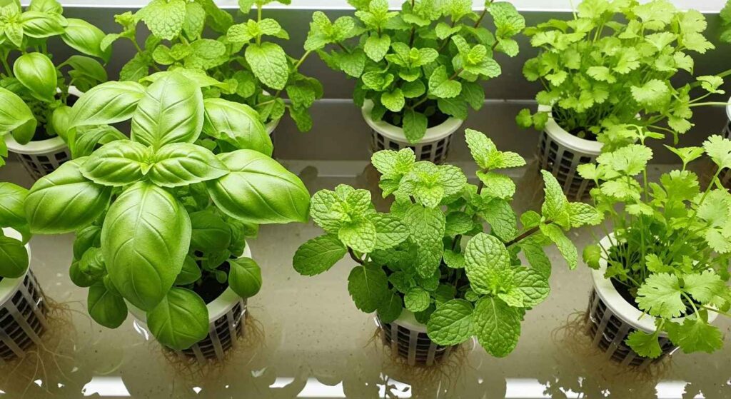 Fresh basil, mint, and cilantro growing in a hydroponic system ready for harvest