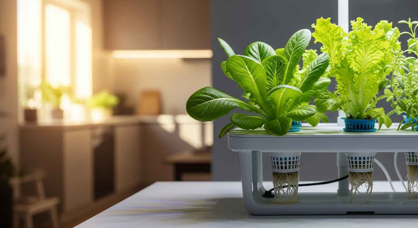 Modern hydroponic system growing fresh lettuce and herbs indoors in home kitchen setting