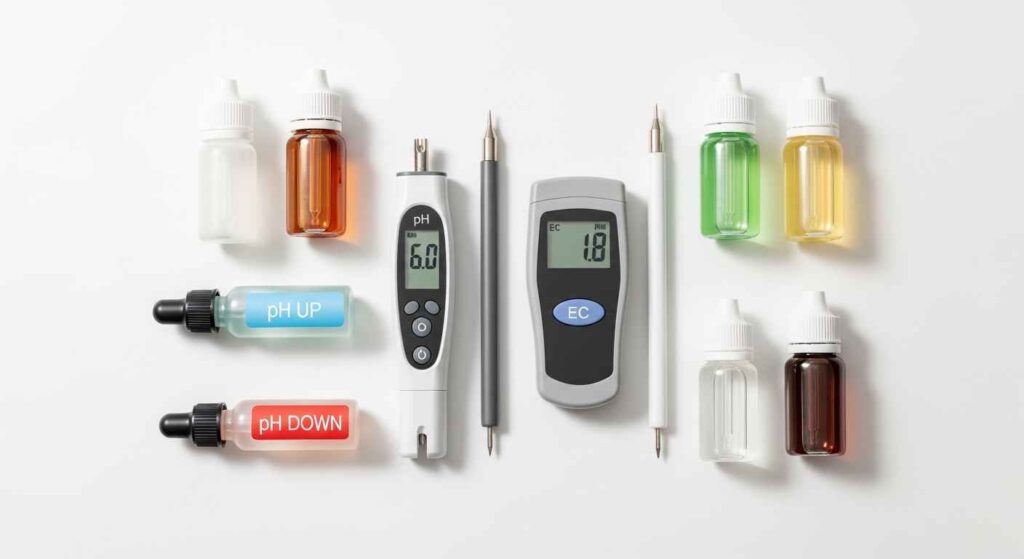 pH meter, EC meter, and nutrient bottles for hydroponic gardening maintenance