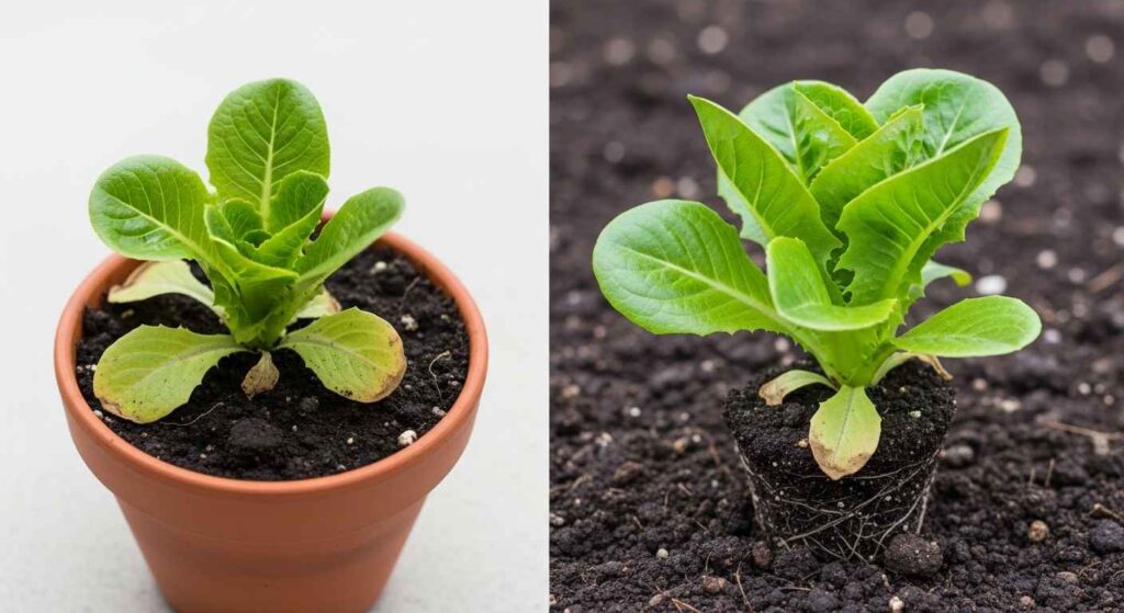 Side by side comparison of hydroponic lettuce and soil grown lettuce showing size difference