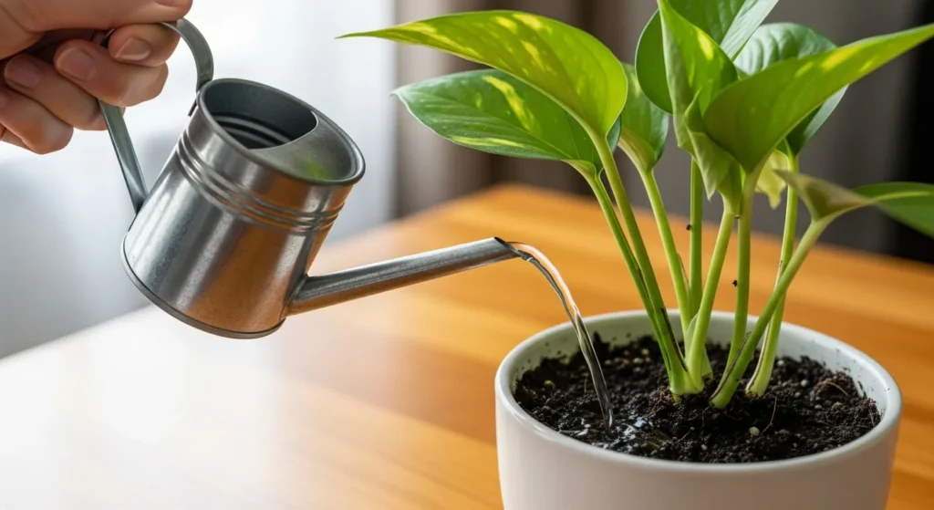 Hand pouring diluted fertilizer on houseplant soil.