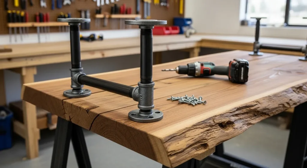 DIY industrial coffee table showing reclaimed wood top with black metal pipe legs