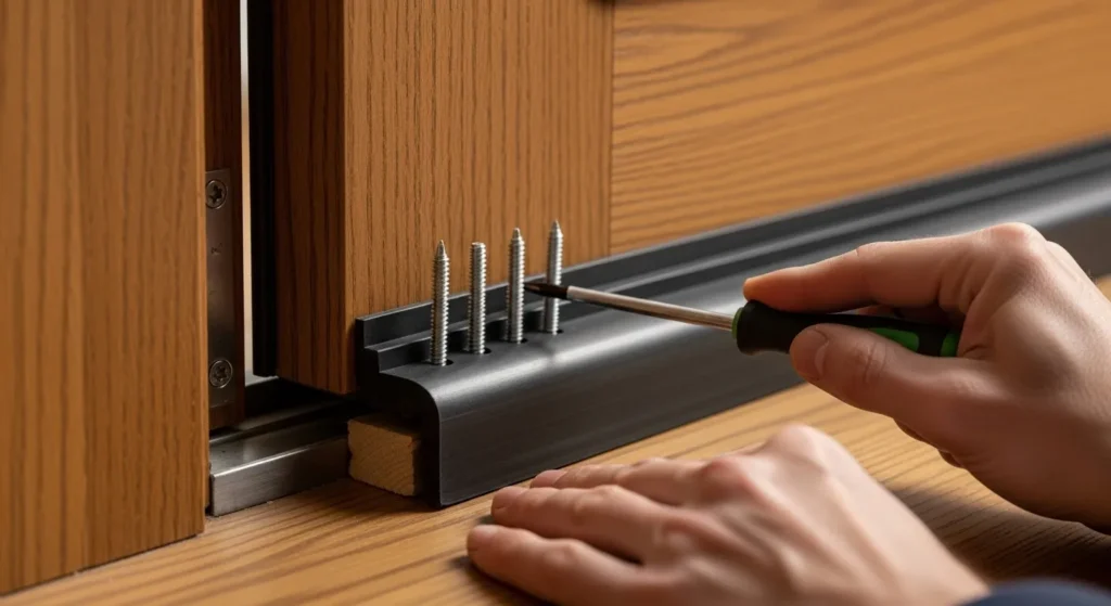 Installing rubber door sweep on bottom of exterior door.