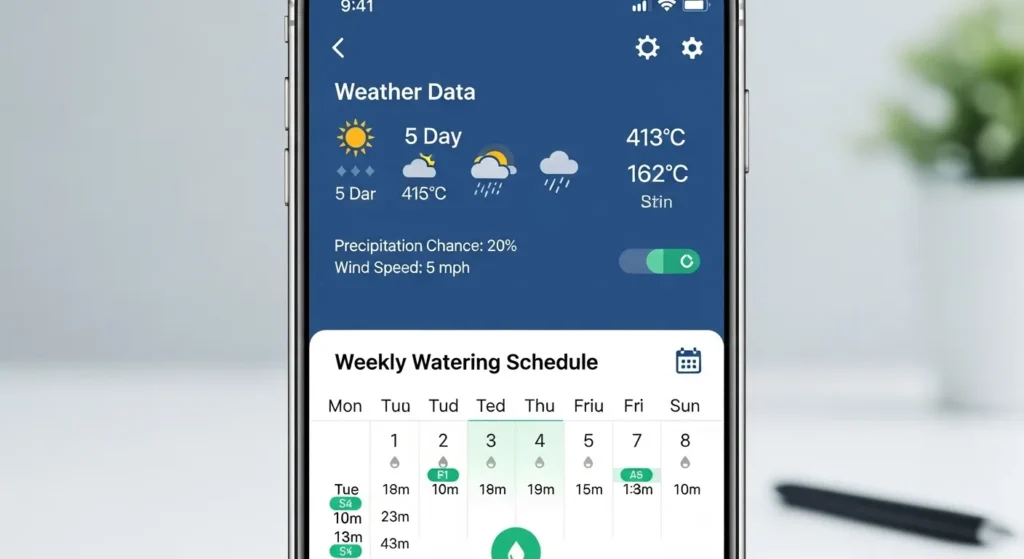 Smartphone displaying smart irrigation app with zone controls and scheduling options