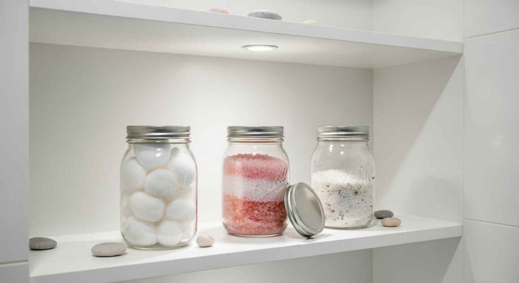 Vintage glass jars storing cotton balls and bath salts on bathroom shelves