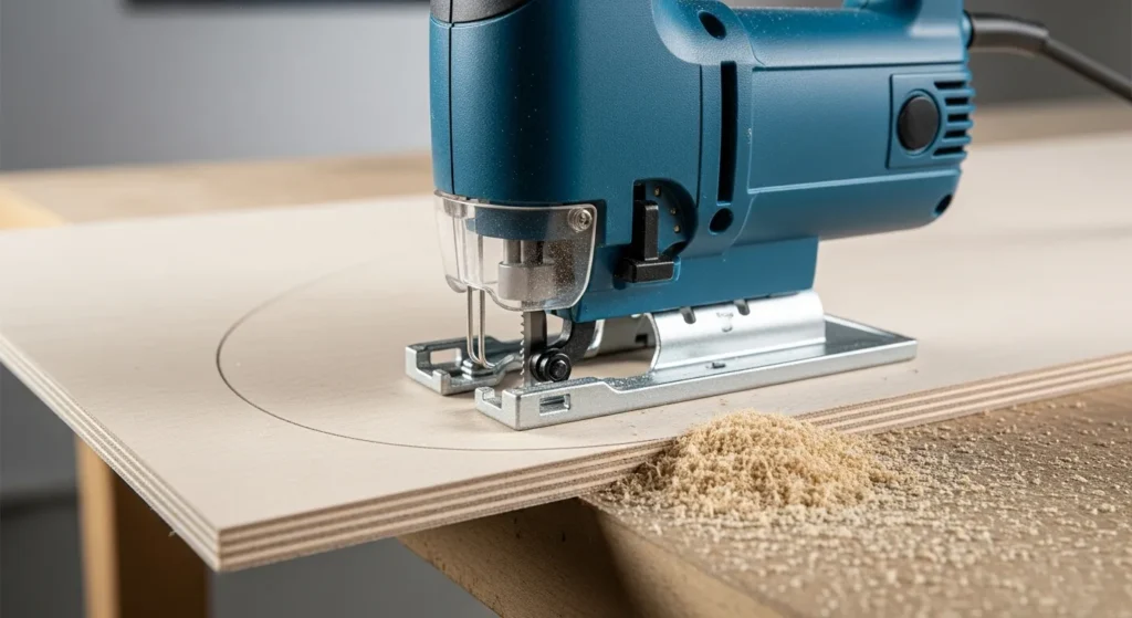 Jigsaw tool cutting a curved line in plywood.