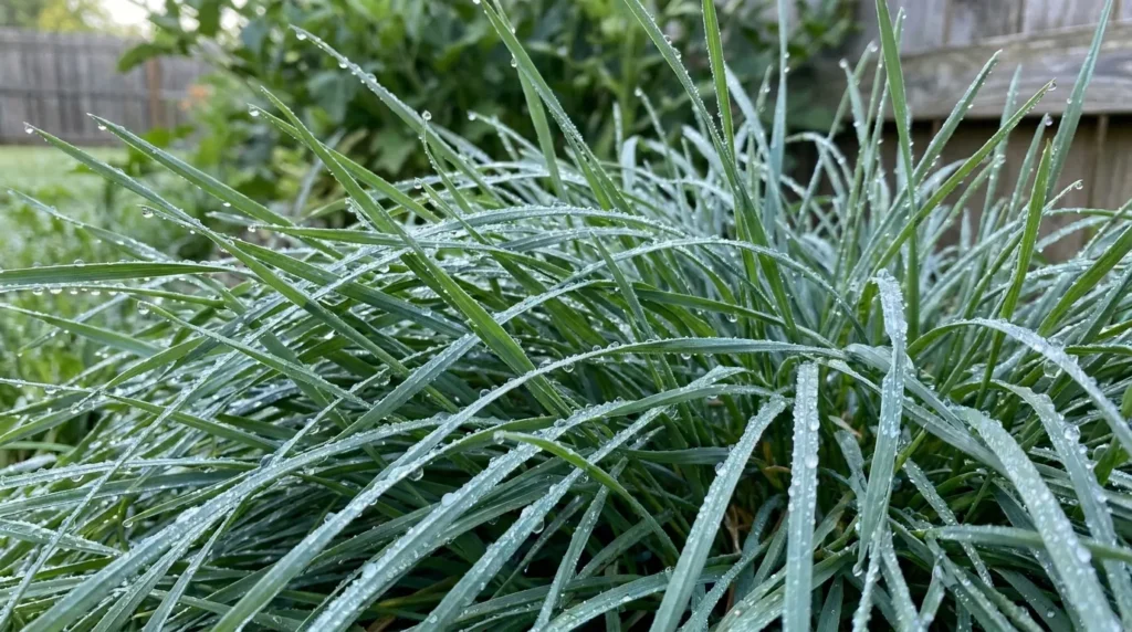 Close-up of Kentucky Bluegrass lawn with morning dew in cool climate