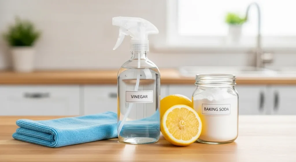 Green cleaning tools on kitchen counter with vinegar and baking soda.