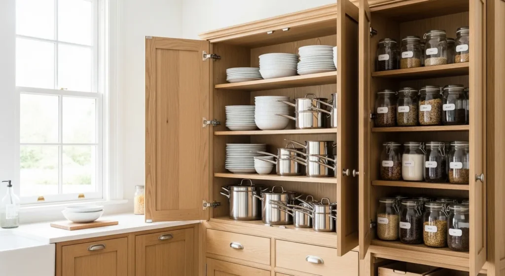 Decluttered kitchen cabinets with neat shelves