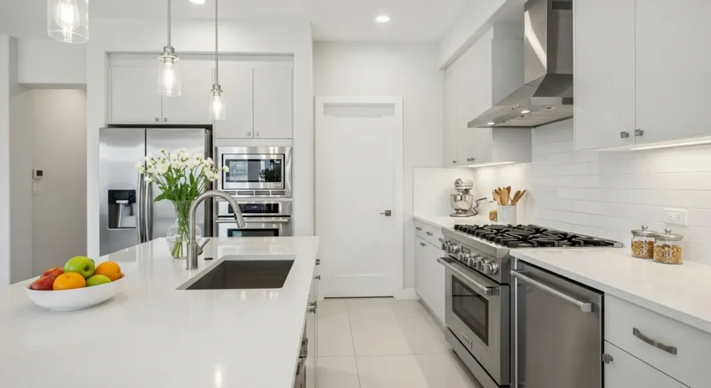 Modern kitchen showing semi-gloss painted walls that are easy to clean