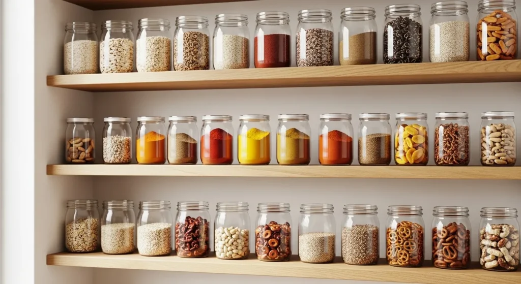 Mason jars storing pantry items on shelves.