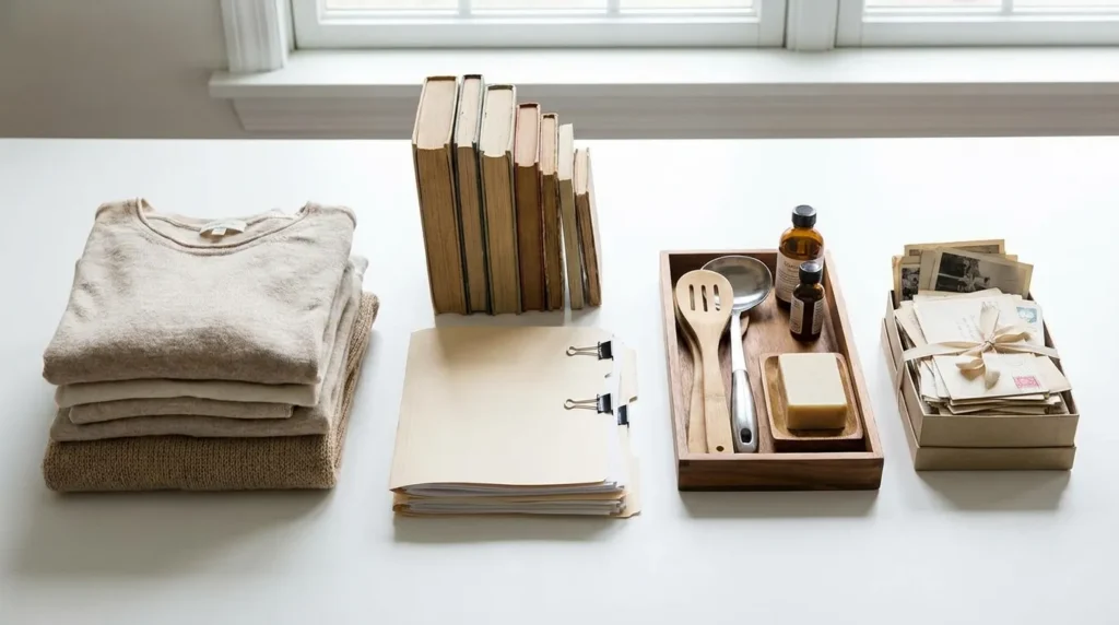 Five organized piles representing the KonMari categories: clothes, books, papers, miscellaneous items, and sentimental objects.
