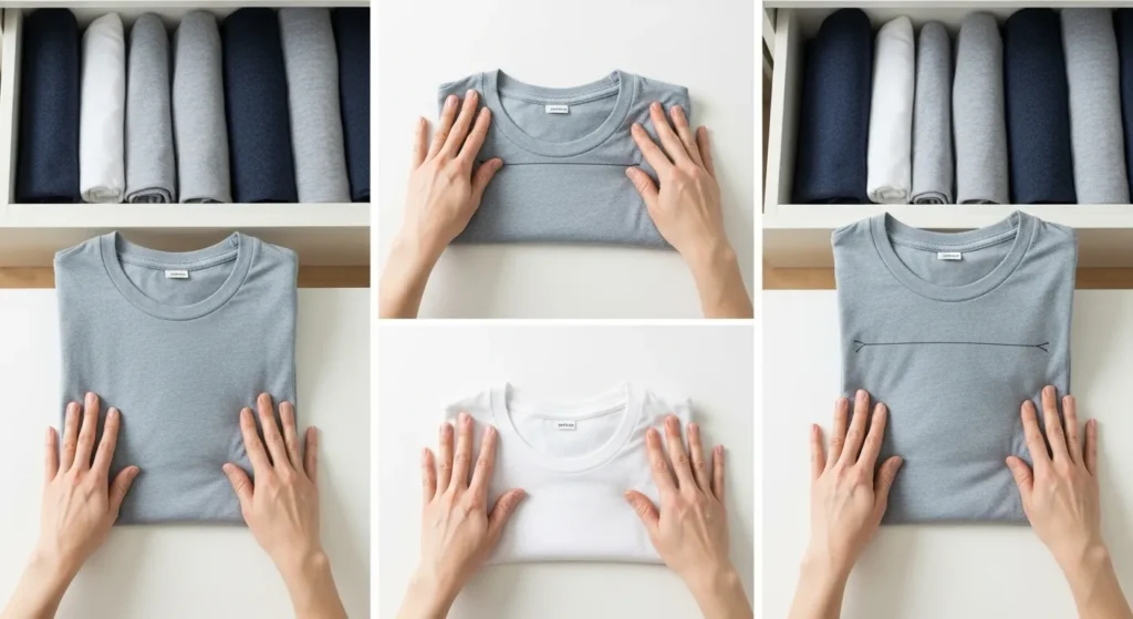 Hands demonstrating KonMari folding method with t-shirts standing upright in organized drawer