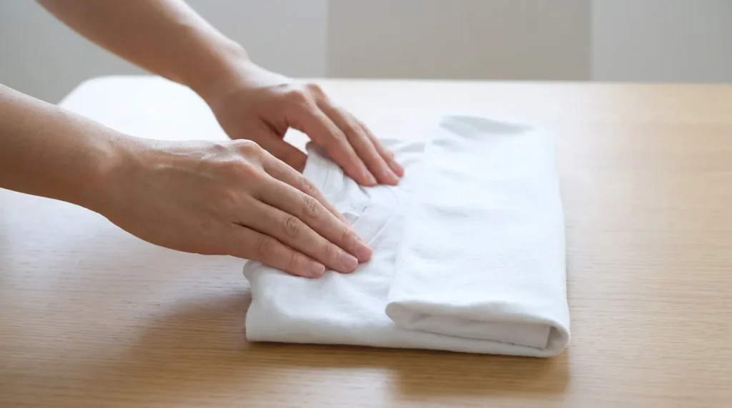 Hands demonstrating the KonMari folding technique, folding a t-shirt into a small upright rectangle.