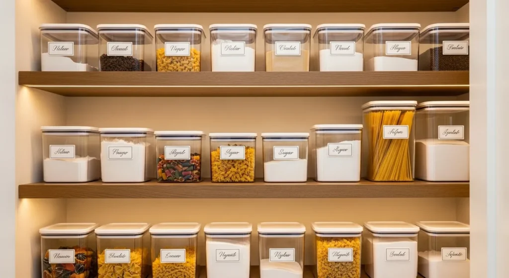Organized pantry with clear storage containers and easy-to-read labels
