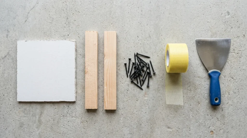 Tools and materials laid out for repairing a large drywall hole using the furring strip backer method