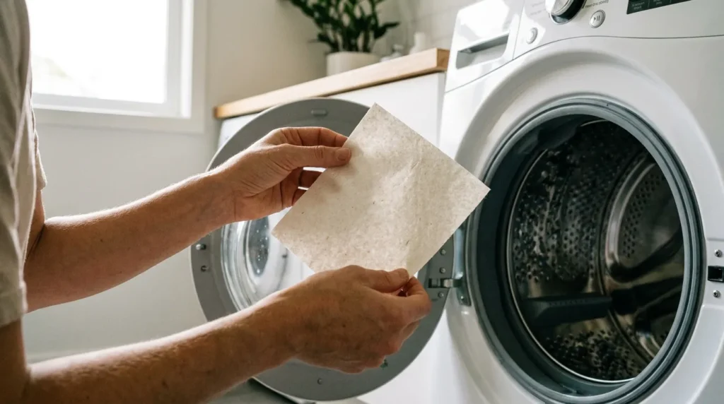 Person placing eco-friendly laundry detergent sheet into front-loading washing machine
