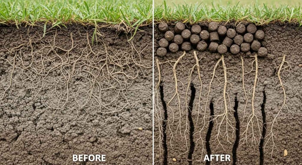 Before and after comparison of compacted vs aerated lawn soil showing root depth