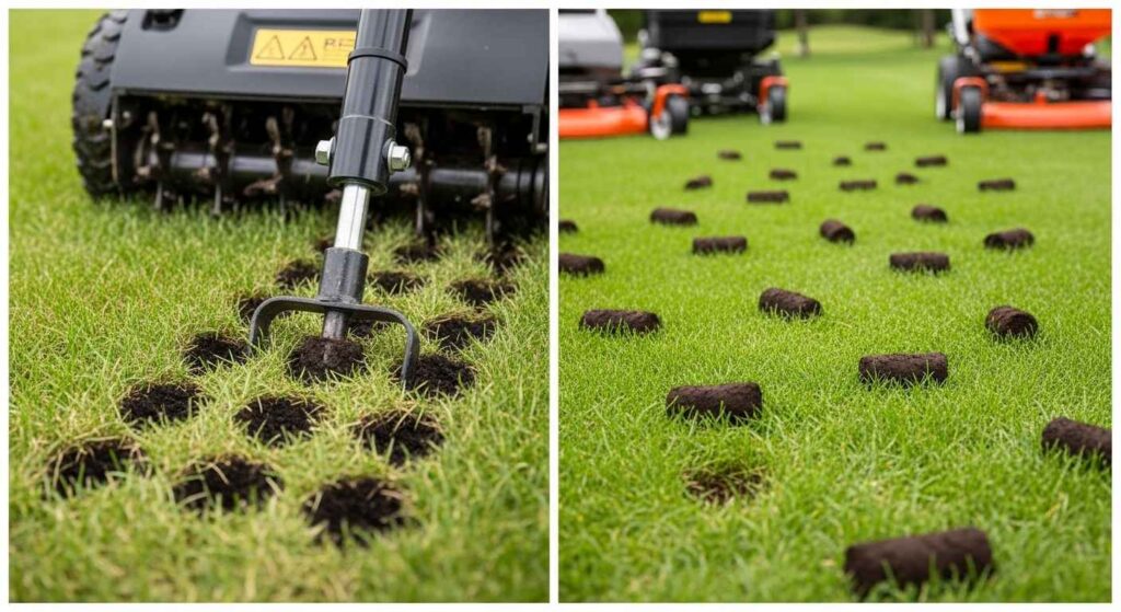 Before and after photos showing lawn aeration process and results