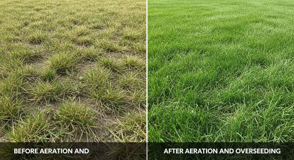 Before and after comparison showing improved lawn density and health after aeration