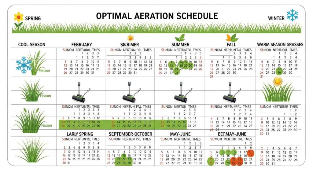 Seasonal calendar showing best times to aerate cool-season vs warm-season grasses