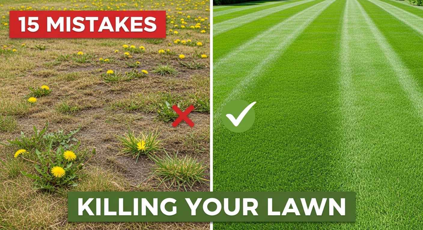 Before and after comparison showing damaged lawn versus healthy green lawn with mistake indicators