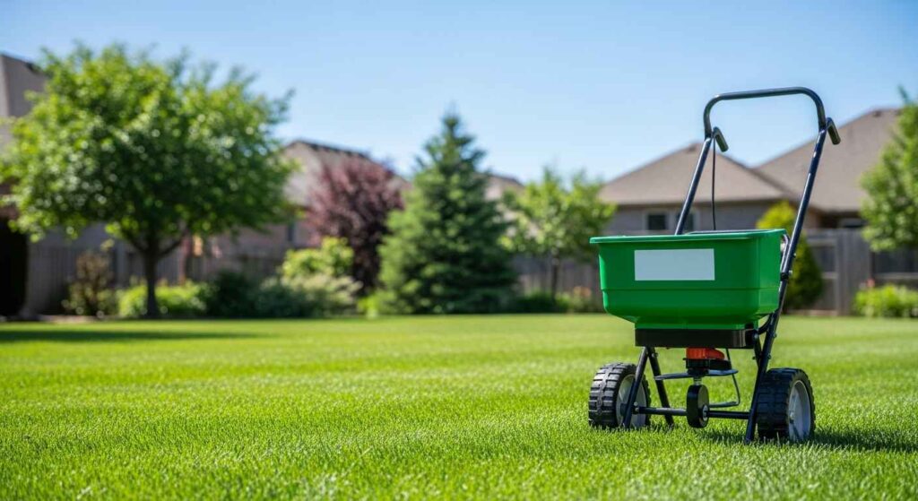 Person mowing a lawn with a sharp-blade mower.