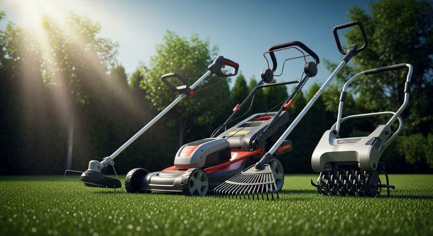 Professional thumbnail showing top lawn care tools in a yard.