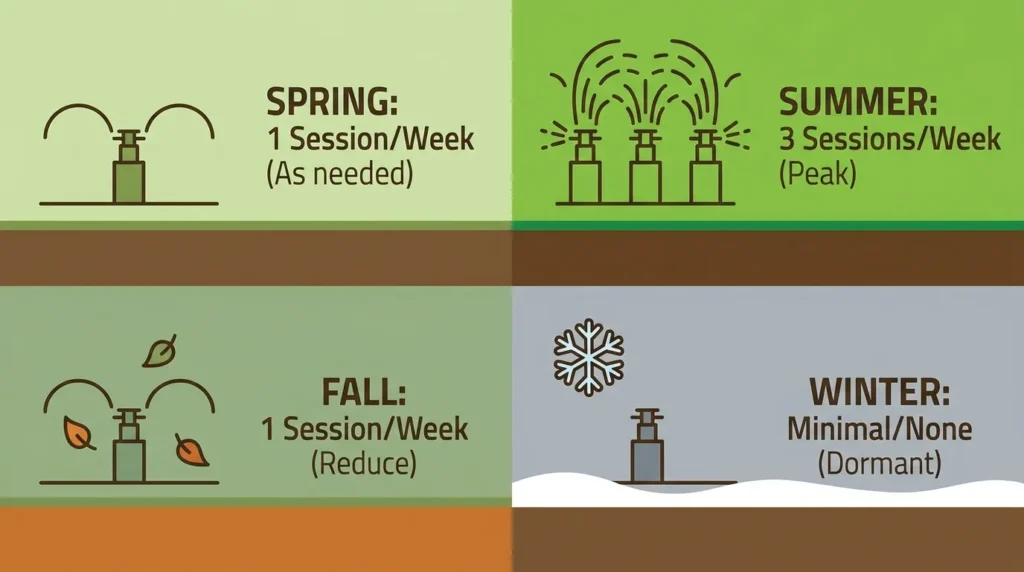 Seasonal lawn watering schedule infographic showing frequency adjustments across spring summer fall and winter