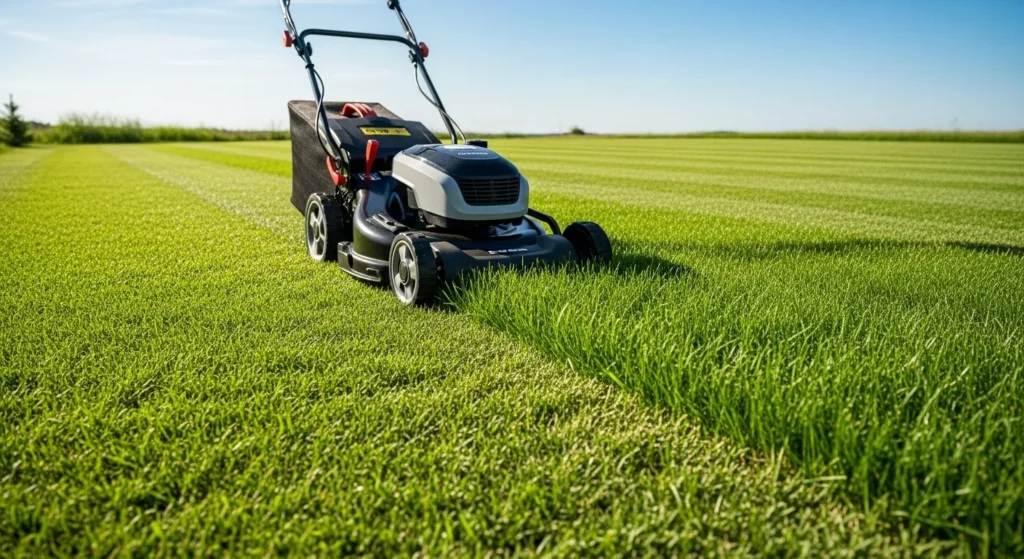 Electric lawn mower cutting grass on a sunny day