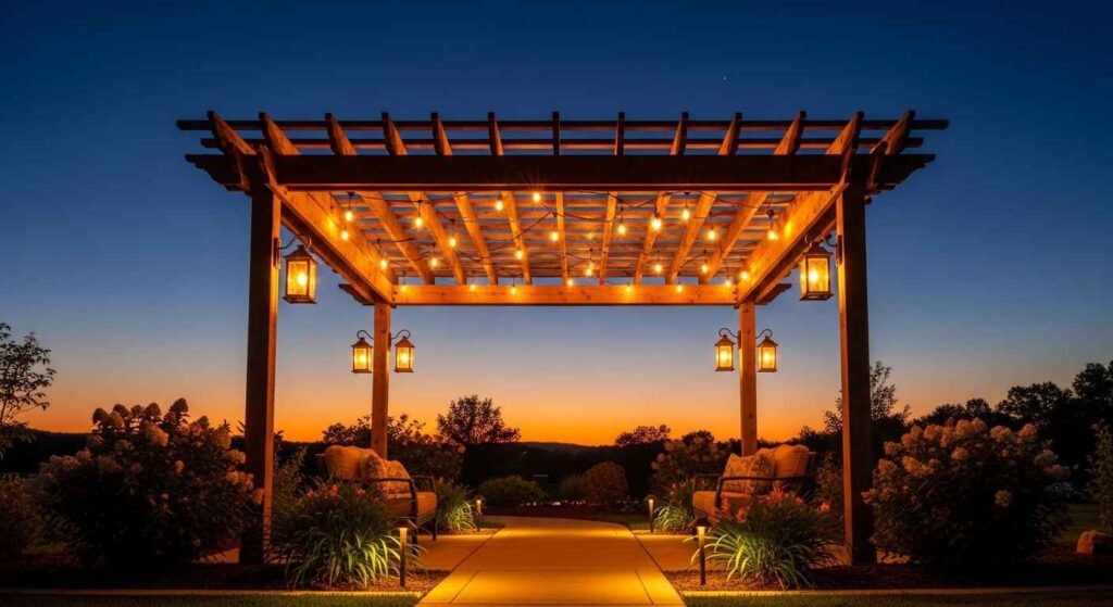 Multi-layered pergola lighting design with string lights and lanterns at dusk