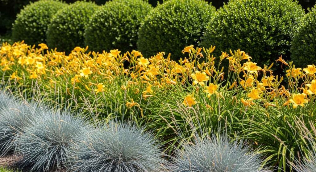 Front yard bed with shrubs, flowers, and grasses.