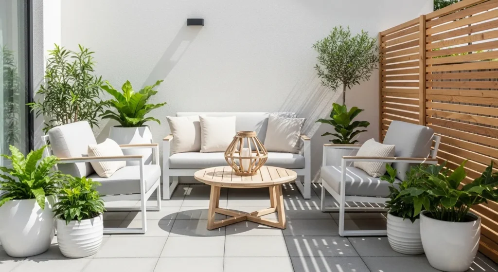 Small patio decorated with light colors and cohesive design elements