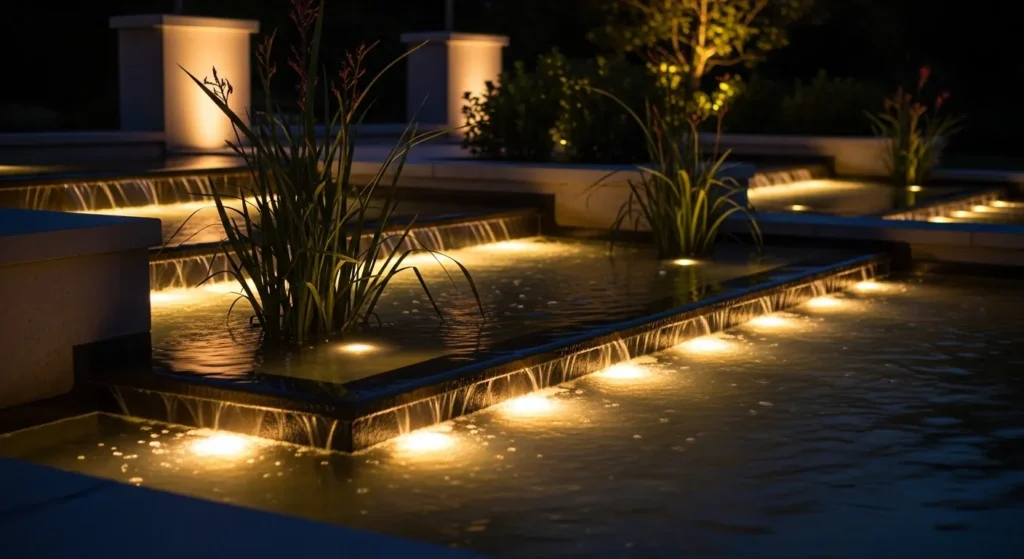Water feature with underwater LED lighting creating dramatic nighttime atmosphere