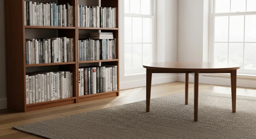 Decluttered living room with books on shelf