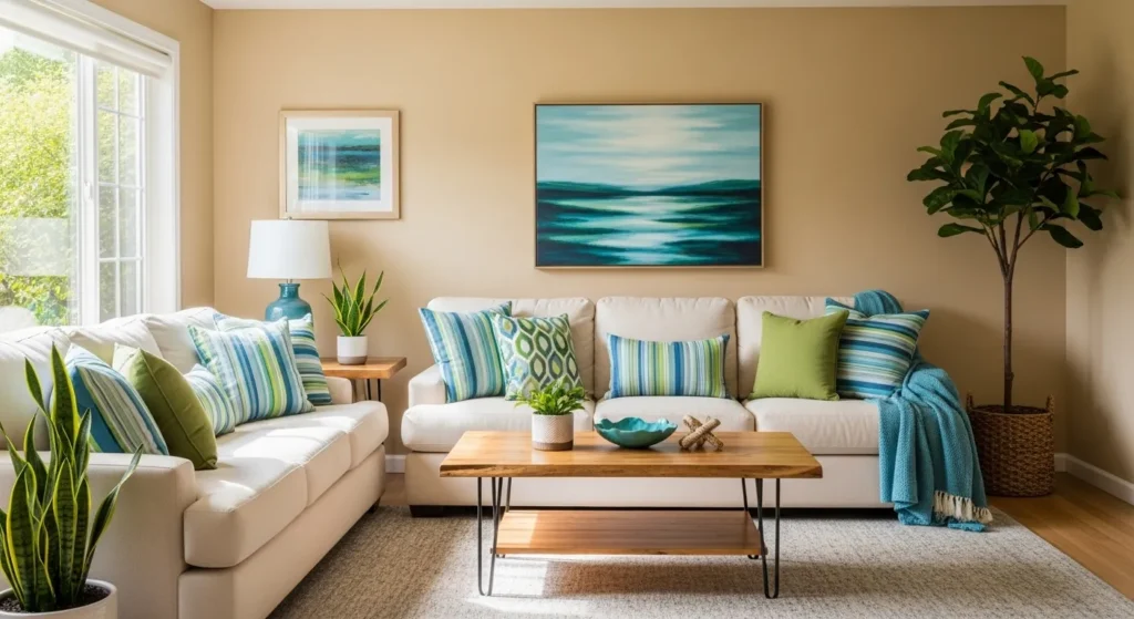 Living room with beige walls and colorful throw pillows and artwork
