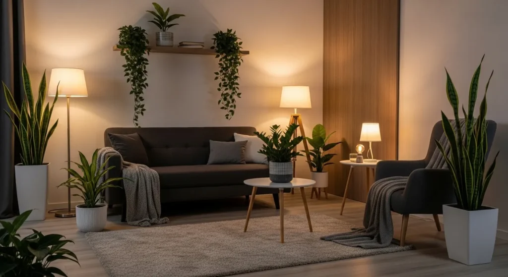 Living room with snake plants, pothos, and ZZ plants in low-light areas