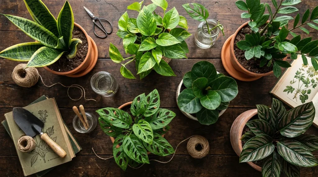 Six popular low-light houseplant varieties arranged on a wooden surface