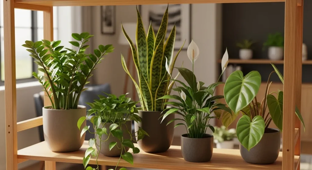 Collection of low light indoor plants in pots on shelves