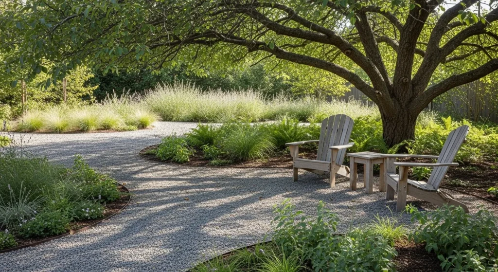 Low-maintenance backyard with native plants, gravel paths, and minimal upkeep