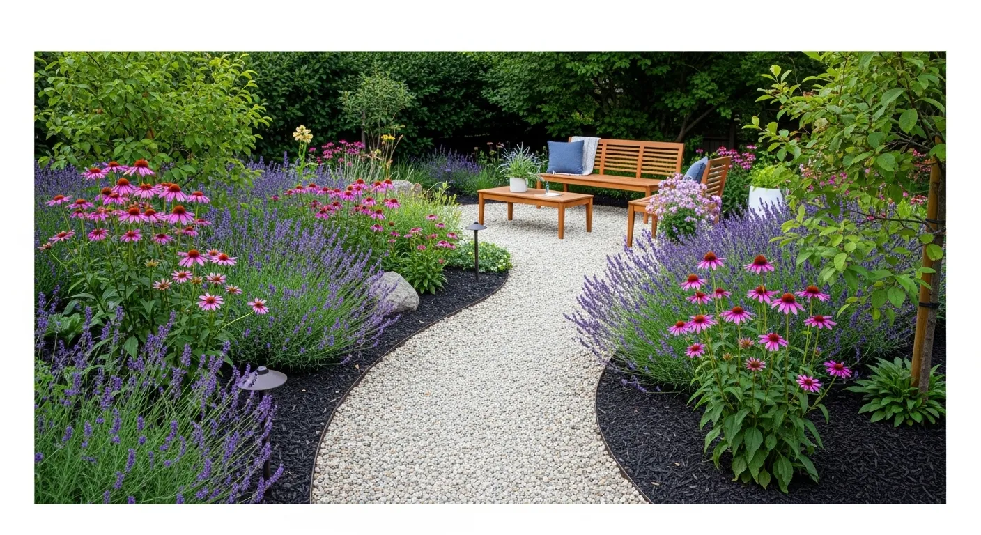 Low-maintenance backyard thumbnail with gravel path and plants.