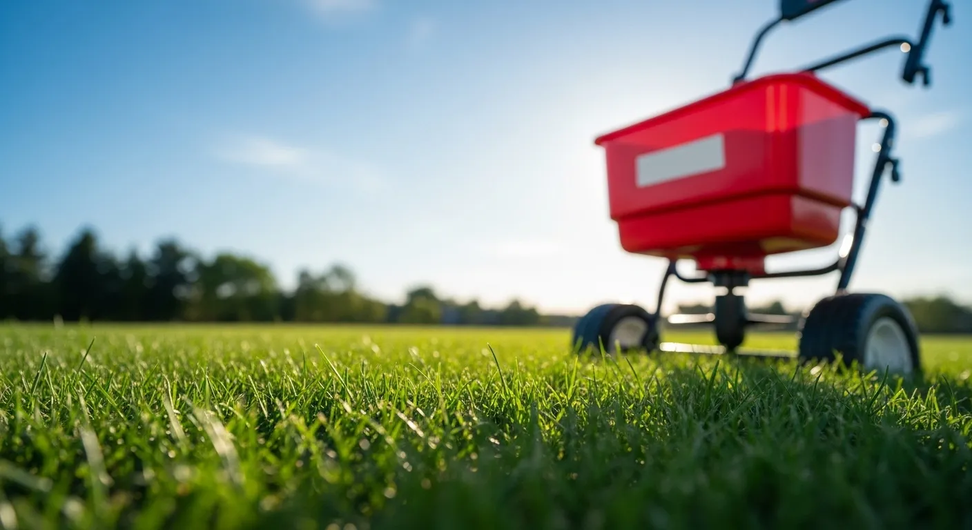 Bright green lawn with a fertilizer spreader under sunlight.