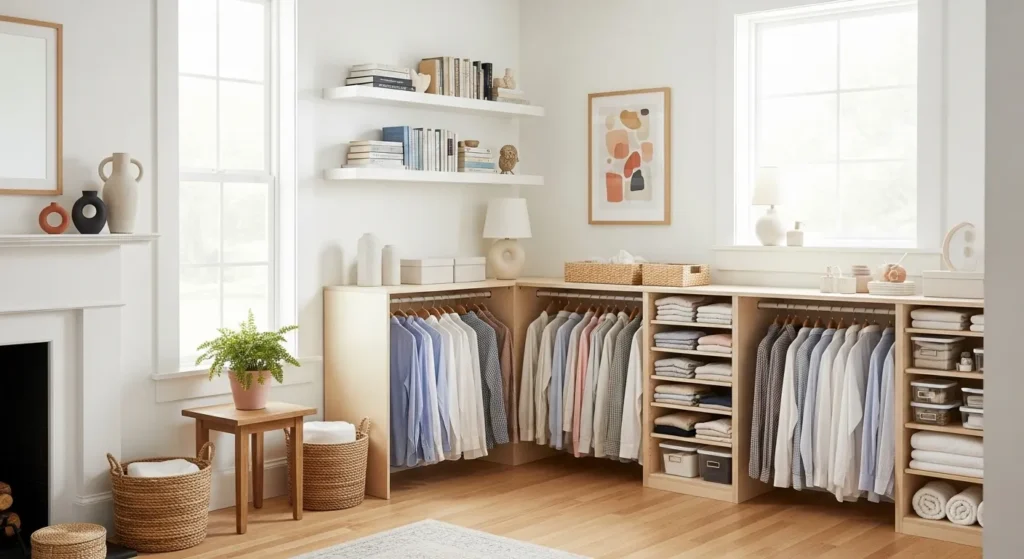 Organized home interior showing tidy shelves and folded clothes using KonMari method
