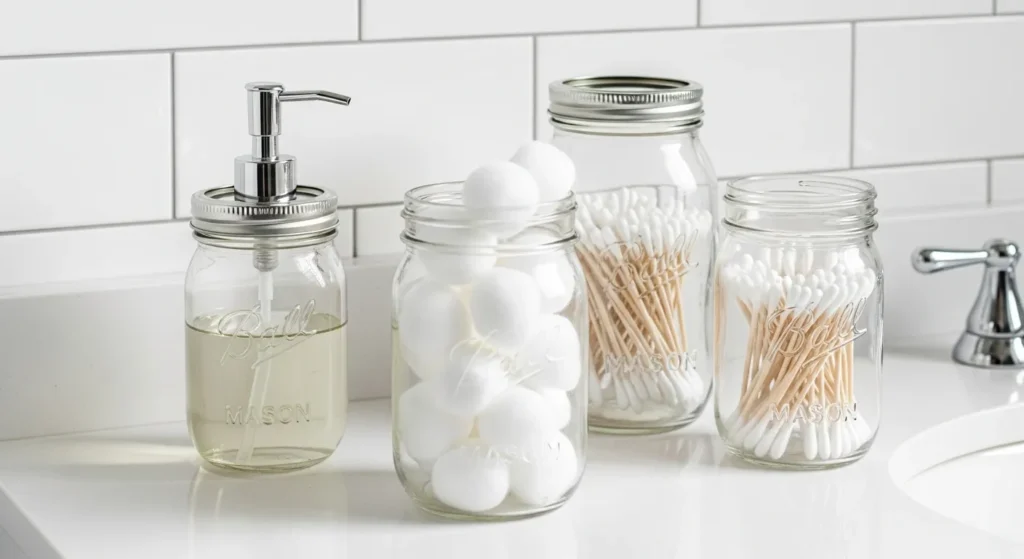 Bathroom counter with Mason jar organizers for toiletries and supplies