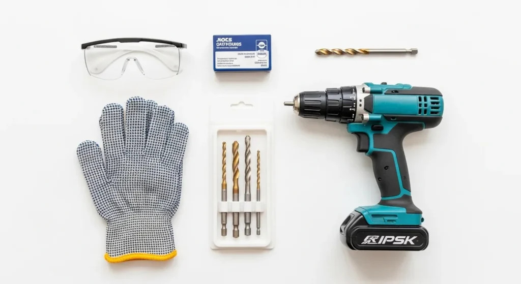 Safety equipment for Mason jar crafting with drill bits and protective gear
