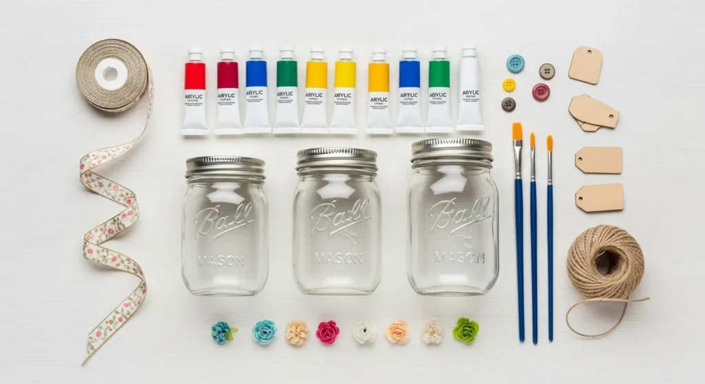 Flatlay of Mason jar craft supplies with jars, paint, brushes, and ribbon