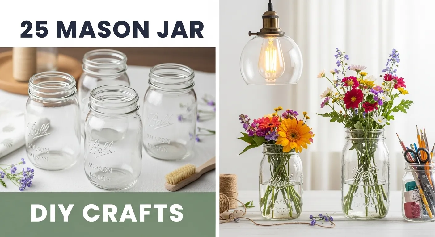 Mason jar DIY crafts thumbnail showing empty jars and finished home decor projects