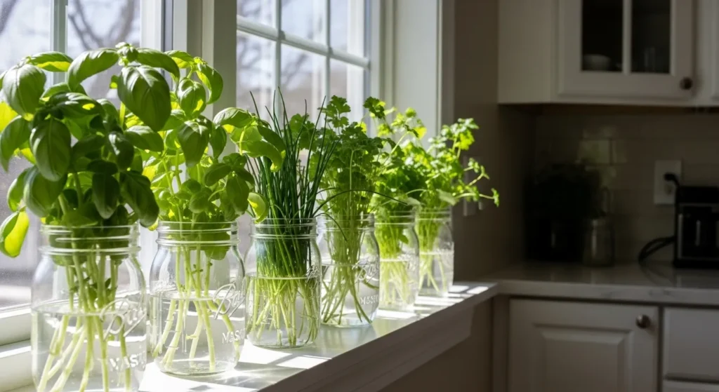 Kitchen windowsill with Mason jars growing fresh herbs
